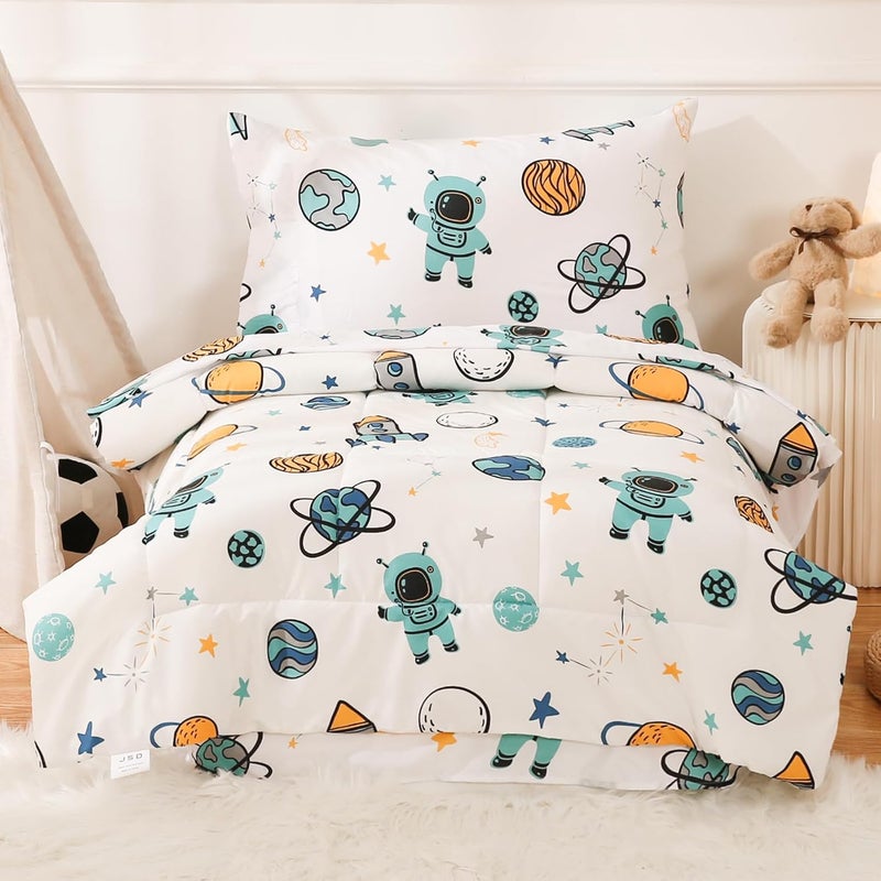 JSD Blue Astronaut Toddler Bedding Set, 4 Piece Space Theme Rocket Bed-in-a-Bag Toddler Comforter Sheet Set, Machine Washable - Image 1